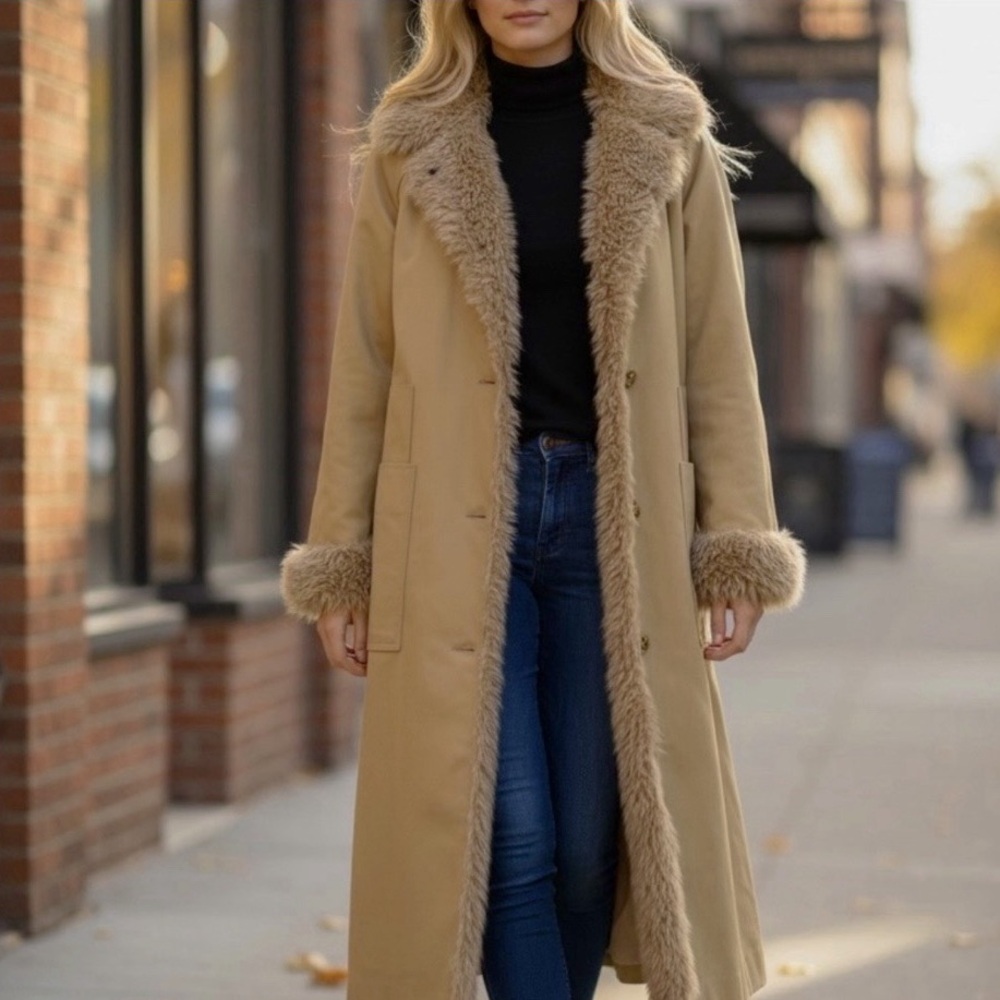 Vintage Bonnie Cashin for Russ Taylor long Vegan fur lined trench coat EXCELENT